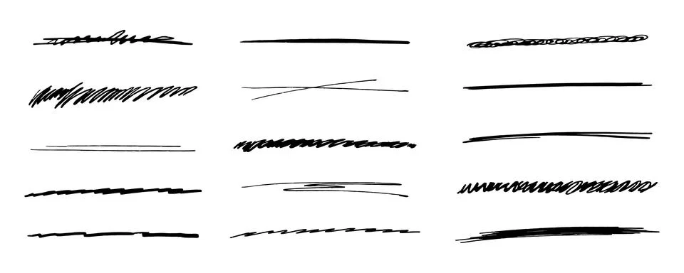 Strikethrough underlines, set brush stroke, marker lines grunge curve, wvy free Stock Illustration