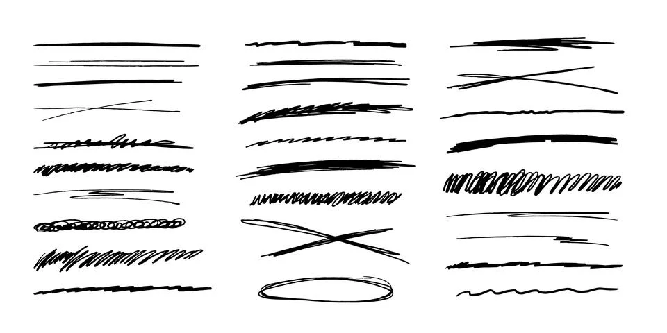 Strikethrough underlines, set brush stroke, marker lines grunge curve, wvy free Stock Illustration