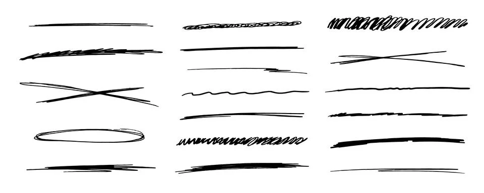 Strikethrough underlines, set brush stroke, marker lines grunge curve, wvy free Stock Illustration
