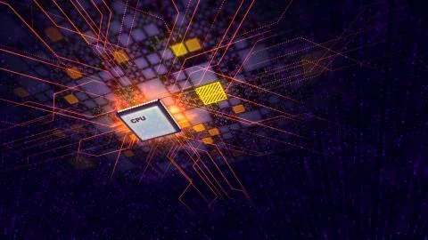 A striking 3d illustration of a cubic CPU tablet making diagonal and straight Stock Illustration