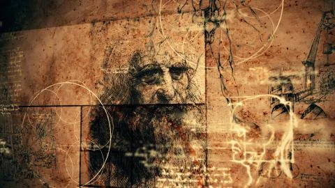 A striking 3d rendering of code Da Vinci with the portrait of the Italian mas 스톡 일러스트