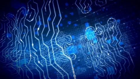 A striking 3d rendering of a hi-tech circuit board placed askew in the blue b Stock Illustration