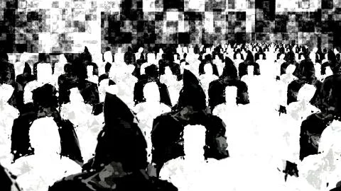 Striking 3d rendering of many ordinary black and white people dressed in rain Illustrazione stock