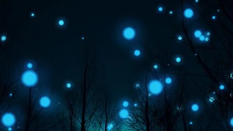 A striking 3d rendering oflight blue ball lightnings in an autumn forest with Ilustración de archivo