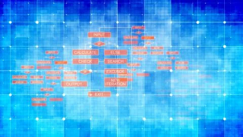 A striking 3d rendering of pc algorithms on celeste and blue surfaces covered Stock Illustration