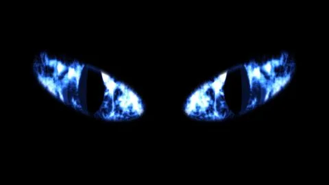 A striking 3d rendering of slanting blue cat`s eyes in the black background.  Illustrazione stock
