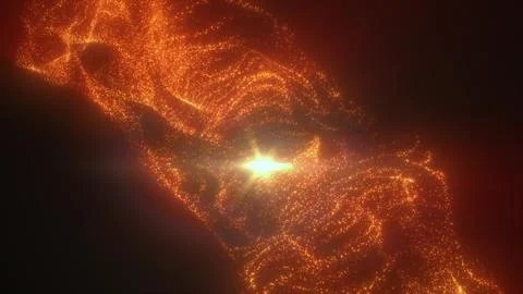 A striking abstract visual of flowing orange and red particles forming a fier Illustrazione stock