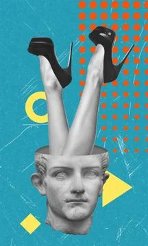 A striking artwork blends a classical bust with high-heeled legs emerging fro Stockfoto's