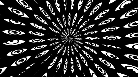 A striking black and white hypnotic eyes arranged in a radial and spiral design. Stock Footage 280641485