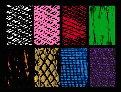A striking collection presents eight unique abstract patterns, featuring dist Stock Illustration