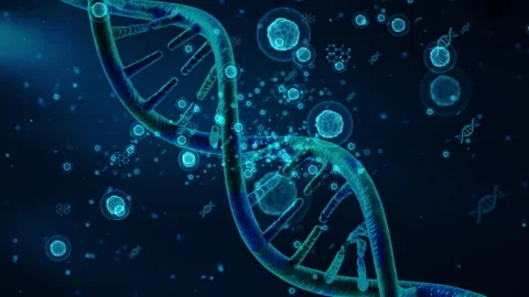 Striking DNA Helix Structure Amidst Molecules in Deep Blue Science Visualiz.. Stock Footage 339051673