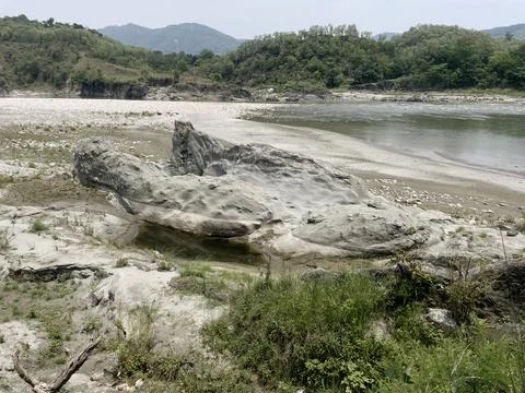 Striking erosion patterns carved by the fast-flowing Beas River in Nadaun, .. Stock Photos
