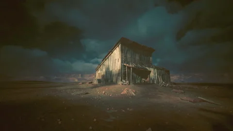 Striking image of lone barn featuring aged wood and dramatic shadow play Stock Footage 335594887
