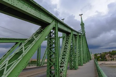 A striking low-angle view of the iconic green Bridge Stock Photos