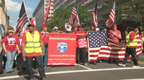 Striking Verizon workers prepare to march in Washington, D.C. Stock Footage 63511619
