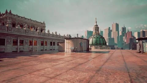 A striking view of the rooftops of the metropolis showcases a grand building Stock Illustration