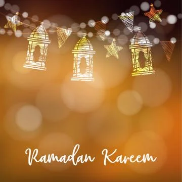 String of arabic lanterns, flags, glittering lights and stars. Modern festive Illustrazione stock
