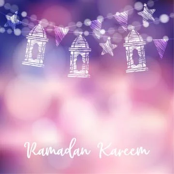 String of arabic lanterns, flags, lights and stars. Modern festive decorative Stock Illustration