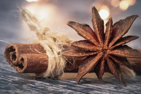String around a cinnamon stick and star anise Stock Photos