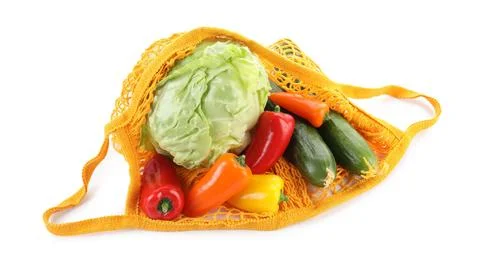 String bag with different vegetables isolated on white Stock Photos