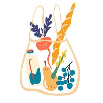 String bag with food. Vector illustration eco net shopping bag with products. Stock Illustration