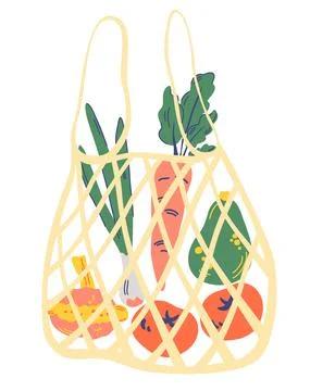 String bag with vegetables. Mesh eco bag full of vegetables. Onion, carrots,  Stock Illustration