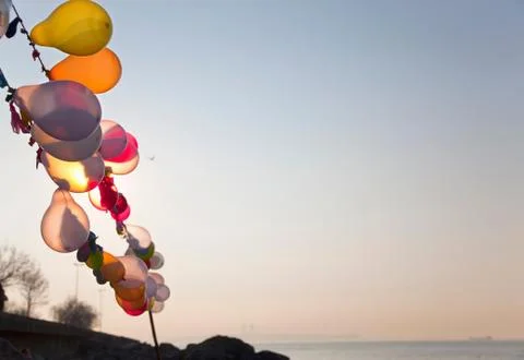 String of balloons floating in wind Foto stock