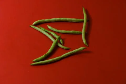 String beans fresh vegetables on isolated red background Stock Photos