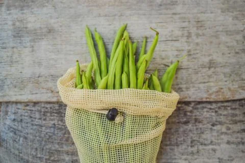 String beans in a reusable bag. Zero waste concept Stock Photos