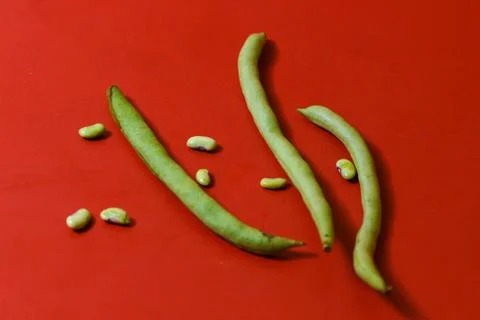 String beans seeds closeup on isolated red background Stock Photos
