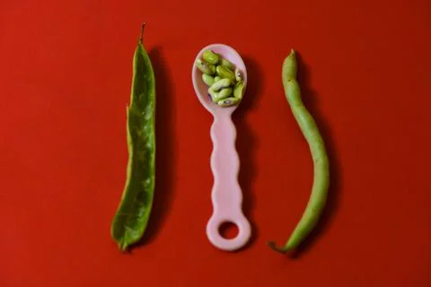 String beans seeds closeup on isolated red background Stock Photos