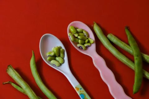 String beans seeds closeup on isolated red background Stock Photos