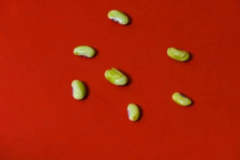 String beans seeds closeup on isolated red background Stock-Fotos