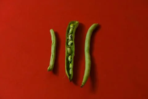 String beans seeds closeup on isolated red background Stock Photos