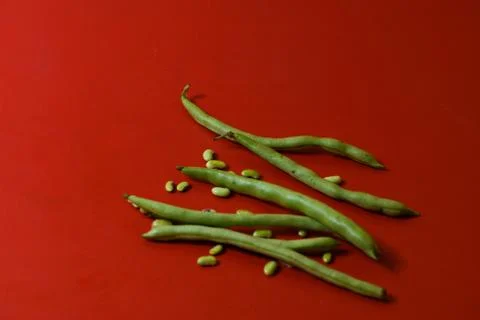 String beans seeds closeup on isolated red background Stock Photos