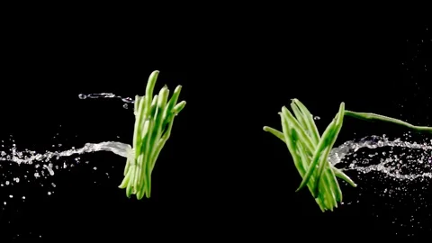 String beans with water droplets on black background collide super slow motion Stock Footage 116958521