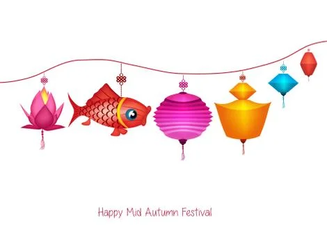 String of bright hanging lantern decorations on white Stock Illustration