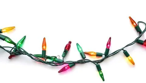 String of Christmas lights on white background. Colorful Christmas decorati.. Foto stock