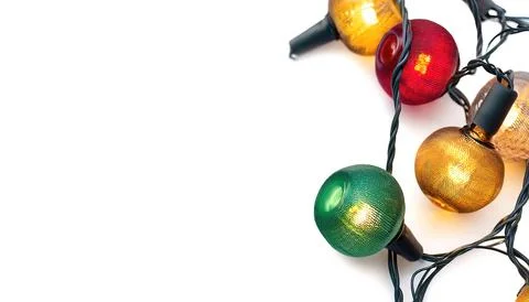 String of Christmas lights on white background. Colorful Christmas decorati.. Foto stock