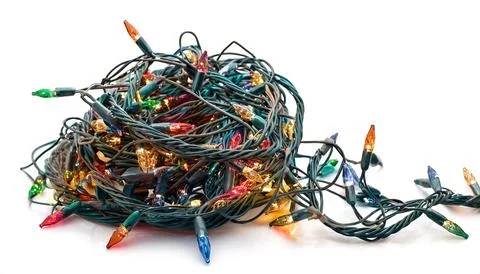 String of Christmas lights on white background. Colorful Christmas decorati.. Stock Photos