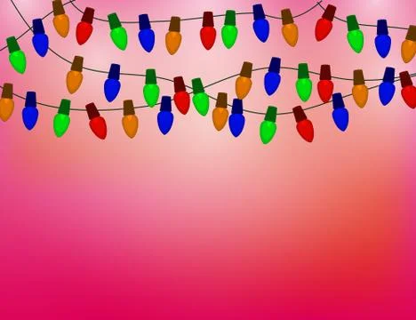 String of Color christmas light bulbs on red Background. Illustrazione stock