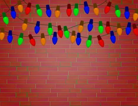String of Color christmas light bulbs on red brick wall. Stock Illustration