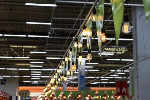 String of Edison light bulbs and green pennants in a supermarket. Stock Photos