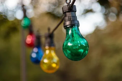 String lights with color lightbulbs Stock Photos