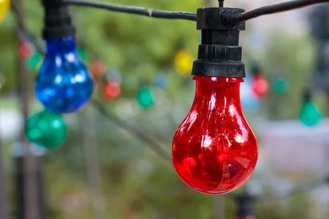 String lights with color lightbulbs Stock Photos