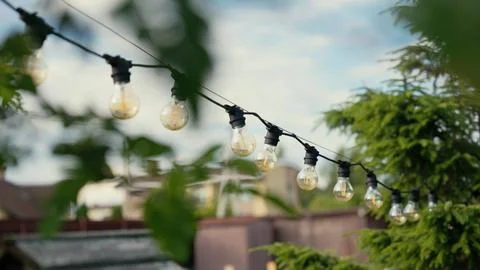 String lights decorating an outdoor garden backyard party Foto stock