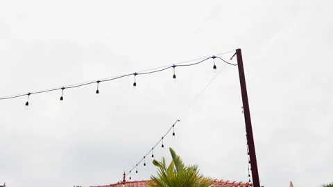 String lights hanging against overcast sky above rooftop and palm tree Video stock 309757251