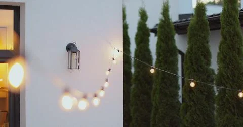 String lights hanging on line on outside house in backyard. Garden decoration Stock Photos