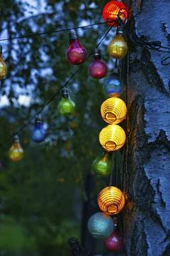 String of lights hanging on the tree. Garden party. Romantic place. Colorful Stock Photos