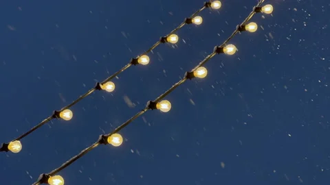String lights outdoors. Snowfall and garland for holidays decoration. 動画素材 169667171